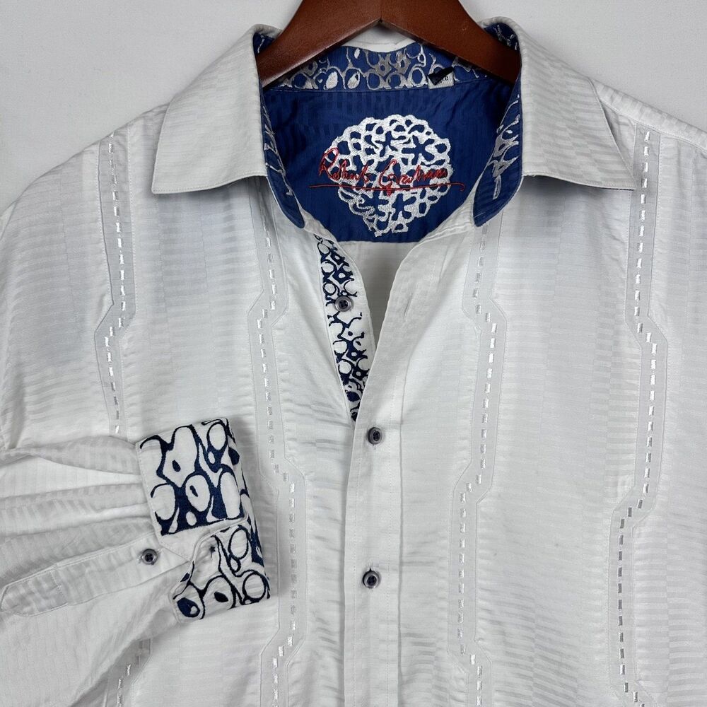 Robert Graham XLG White Blue Textured Jacquard Flip Cuff Shirt Embroidered READ